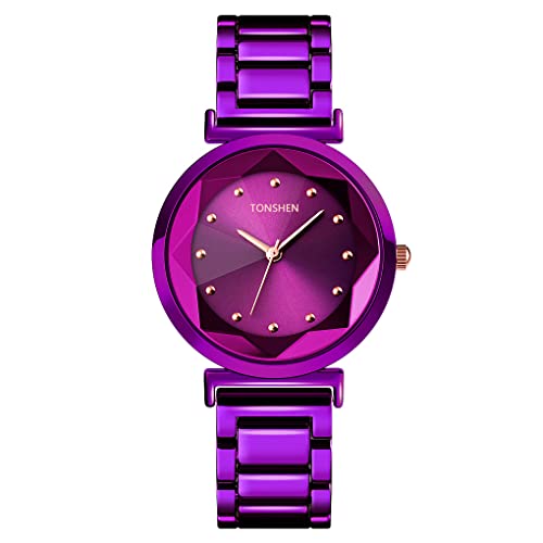 TONSHEN Damenuhr Elegant Analog Quarz Uhren Fashion Kristall Edelstahl Lünette Armbanduhr (Violett) von TONSHEN