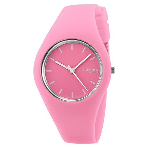 TONSHEN Damenuhr Fashion Analog Quarz Uhren Einfach Casual Kautschuk Armbanduhr für Damen Mädchen 12 Farbe (Rosa) von TONSHEN