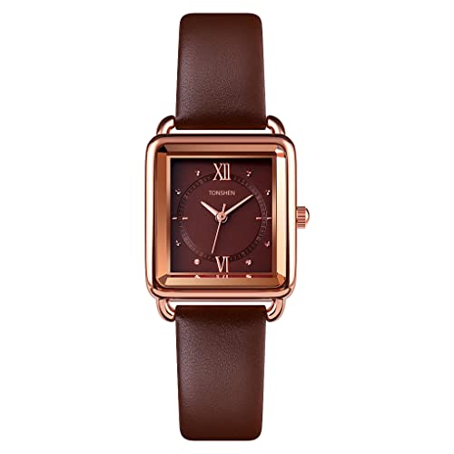 TONSHEN Damenuhr Fashion Analog Quarz Uhren Elegant Edelstahl Lünette mit Leder Band Armbanduhr (Braun) von TONSHEN