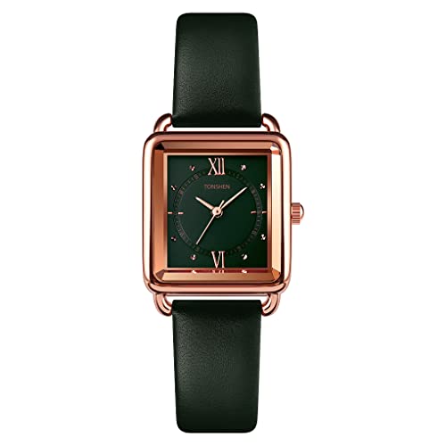 TONSHEN Damenuhr Fashion Analog Quarz Uhren Elegant Edelstahl Lünette mit Leder Band Armbanduhr (Grün) von TONSHEN