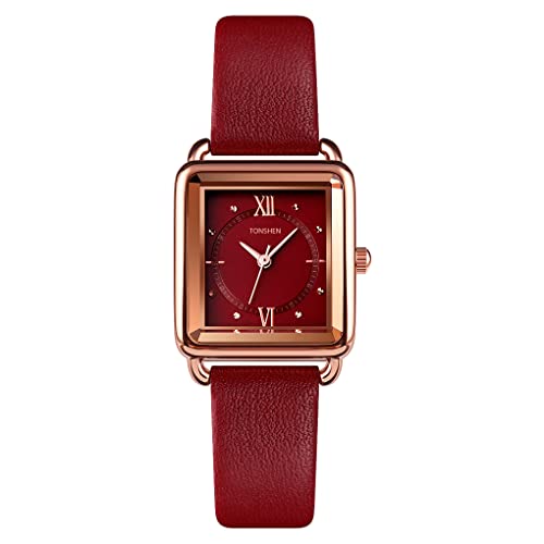 TONSHEN Damenuhr Fashion Analog Quarz Uhren Elegant Edelstahl Lünette mit Leder Band Armbanduhr (Rot) von TONSHEN