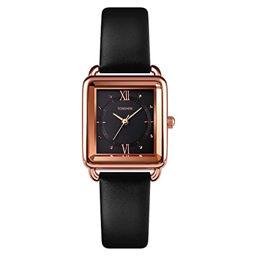 TONSHEN Damenuhr Fashion Analog Quarz Uhren Elegant Edelstahl Lünette mit Leder Band Armbanduhr (Schwarz) von TONSHEN