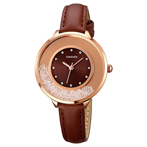 TONSHEN Damenuhr Fashion Analog Quarz Uhren Elegant Edelstahl Lünette mit Leder Band Kristall Armbanduhr (Braun) von TONSHEN