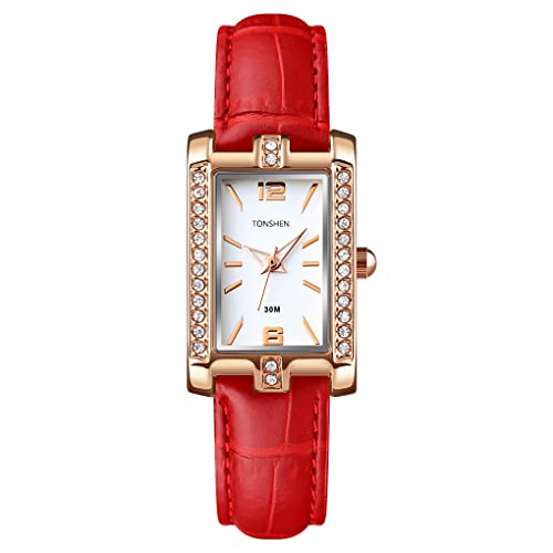 TONSHEN Damenuhr Fashion Luxus Analog Quarz Uhren Elegant Edelstahl Lünette mit Leder Band Armbanduhr (Rot) von TONSHEN