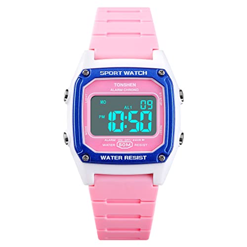 TONSHEN Damenuhr Kinduhr Outdoor Sportuhr Wasserdicht LED Elektronik Digitaluhr Multifunktionale Alarm Datum Armbanduhr Plastik Lünette und Kautschuk Band Uhren (Rosa) von TONSHEN