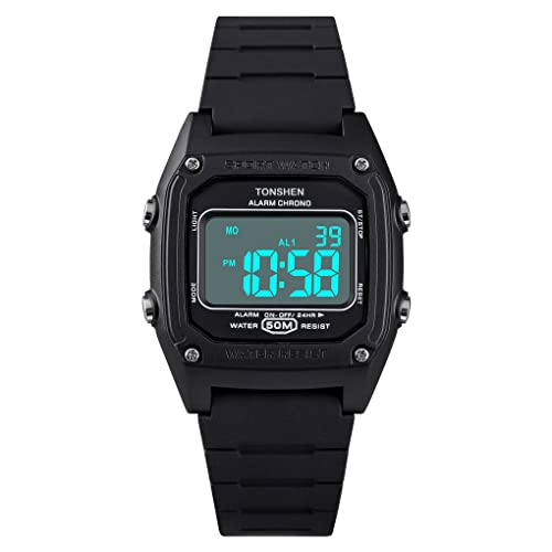 TONSHEN Damenuhr Kinduhr Outdoor Sportuhr Wasserdicht LED Elektronik Digitaluhr Multifunktionale Alarm Datum Armbanduhr Plastik Lünette und Kautschuk Band Uhren (Schwarz) von TONSHEN