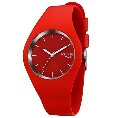 TONSHEN Damenuhr Mode Klassiker Analoge Quarz Uhr Weiche Silikon Band Lässig Stil Kleidung Armbanduhr für Damen Mädchen, Rot von TONSHEN