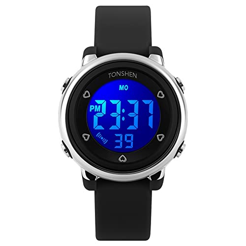 TONSHEN Kinder Uhren Digital Outdoor Sport 50M Wasserdicht Uhr Militär 12H/24H Zeit Farbe LED Licht Plastik Uhren mit Silikon Band Multifunktion Armbanduhr für Junge Mädchen (Schwarz) von TONSHEN
