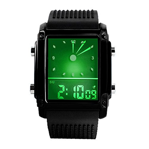 TONSHEN Digitaluhr 5ATM Wasserdicht Sport Uhren LED Analog Quarzuhr Edelstahl mit Kautschukband Farbe Licht Mode Armbanduhr für Herren Damen, Schwarz von TONSHEN