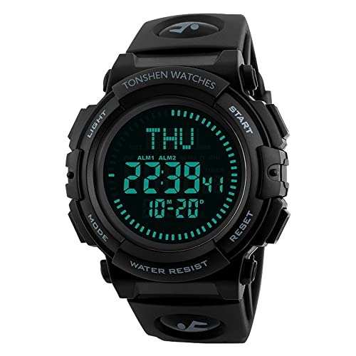 TONSHEN Digitaluhr Sportuhr 50M Wasserdicht Multifunktionale Militär Tactical Kompass Armbanduhr LED EL Licht Outdoor Plastik Uhr mit Silikon Band (Schwarz) von TONSHEN
