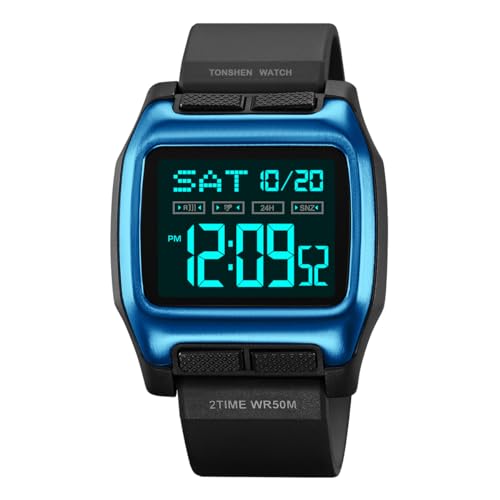 TONSHEN Digitaluhr Sportuhr Outdoor 50M Wasserdicht LED Elektronik Doppelte Zeit Alarm Stoppuhr Plastik Kautschuk Countdown 12H/24H Uhren (Blau) von TONSHEN