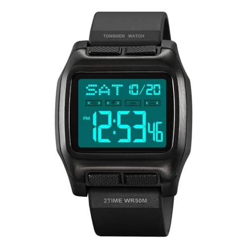 TONSHEN Digitaluhr Sportuhr Outdoor 50M Wasserdicht LED Elektronik Doppelte Zeit Alarm Stoppuhr Plastik Kautschuk Countdown 12H/24H Uhren (Schwarz) von TONSHEN