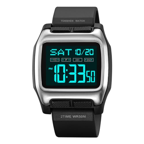 TONSHEN Digitaluhr Sportuhr Outdoor 50M Wasserdicht LED Elektronik Doppelte Zeit Alarm Stoppuhr Plastik Kautschuk Countdown 12H/24H Uhren (Silber) von TONSHEN