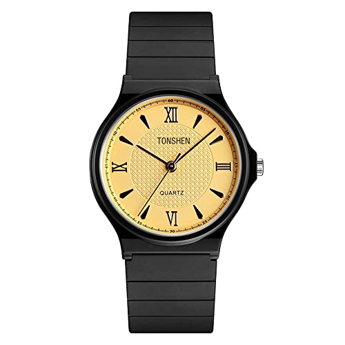 TONSHEN Einfacher Stil Damen und Mädchen Analog Quarz Uhren Plastik Lünette mit Kautschuk Band Fashion Casual Armbanduhren (Gold) von TONSHEN
