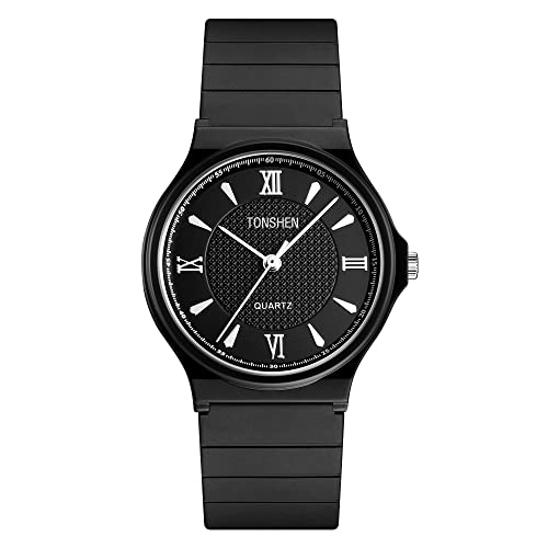 TONSHEN Einfacher Stil Damen und Mädchen Analog Quarz Uhren Plastik Lünette mit Kautschuk Band Fashion Casual Armbanduhren (Schwarz) von TONSHEN