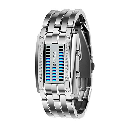 TONSHEN Fashion Binäre Edelstahl Digital Uhren für Herren und Damen Kalender LED Blau Licht Einzigartiges Design Silber Rechteck Bezel Cool Armbanduhr (Damen) von TONSHEN