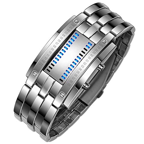 TONSHEN Fashion Binäre Edelstahl Digital Uhren für Herren und Damen Kalender LED Blau Licht Einzigartiges Design Silber Rechteck Bezel Cool Armbanduhr (Herren) von TONSHEN