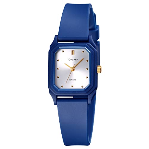 TONSHEN Fashion Damen Uhren Wasserdicht Plastik Lünette mit Kautschuk Band Casual Analog Quarz Armbanduhren (Blau) von TONSHEN