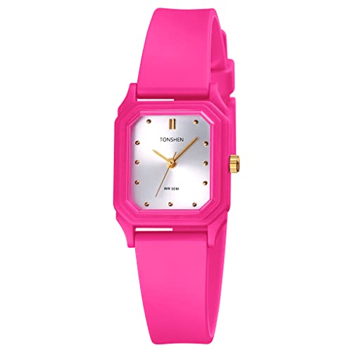 TONSHEN Fashion Damen Uhren Wasserdicht Plastik Lünette mit Kautschuk Band Casual Analog Quarz Armbanduhren (Rot) von TONSHEN