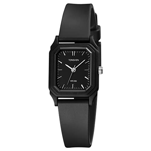 TONSHEN Fashion Damen Uhren Wasserdicht Plastik Lünette mit Kautschuk Band Casual Analog Quarz Armbanduhren (Schwarz) von TONSHEN