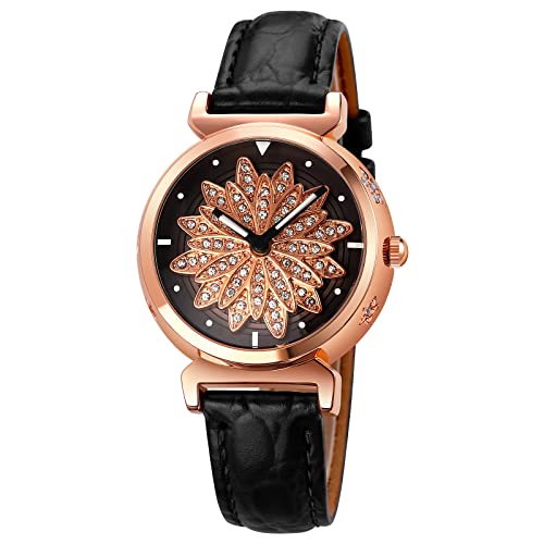 TONSHEN Fashion Damenuhr Analog Quarz Uhren Elegant Edelstahl Lünette mit Leder Band Kristall Armbanduhr (Schwarz) von TONSHEN
