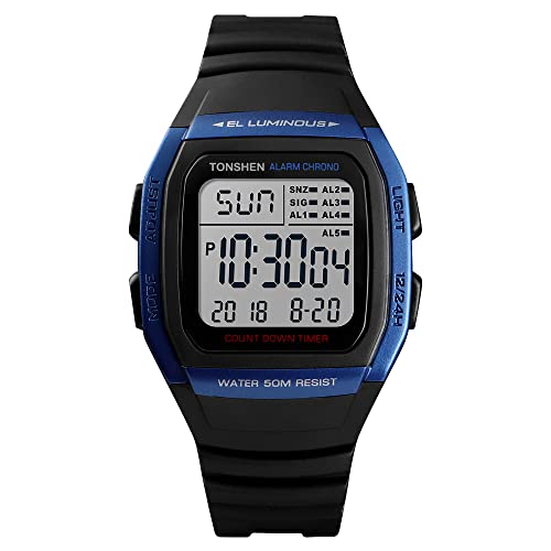 TONSHEN Fashion Herren und Damen Plastik Lünetten und Kautschuk Band Uhren Multifunktional 50M Wasserdicht LED Digitaluhr Sportuhr Outdoor Militär Armbanduhr (Blau) von TONSHEN