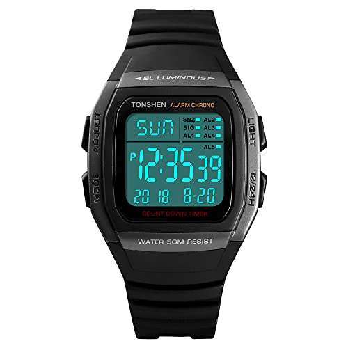 TONSHEN Fashion Herren und Damen Plastik Lünetten und Kautschuk Band Uhren Multifunktional 50M Wasserdicht LED Digitaluhr Sportuhr Outdoor Militär Armbanduhr (Schwarz) von TONSHEN