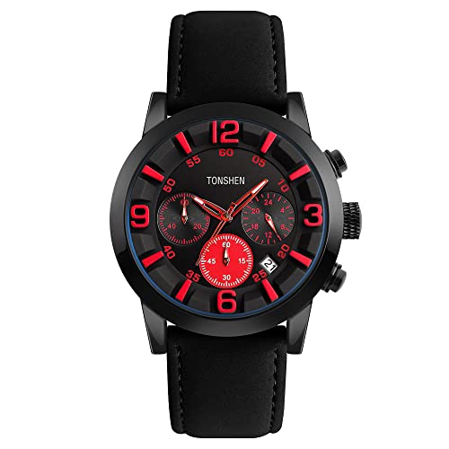 TONSHEN Fashion Herrenuhr Edelstahl Lünette mit Leder Band Stoppuhr Kalender Analog Quarz Outdoor Sport Armbanduhr (Rot) von TONSHEN