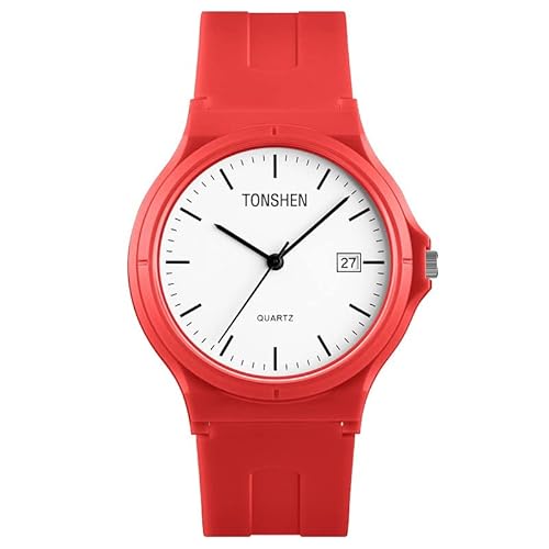 TONSHEN Fashion Junge und Mädchen Uhren Wasserdicht Plastik Lünette mit Kautschuk Band Casual Analog Quarz Armbanduhren (Rot) von TONSHEN