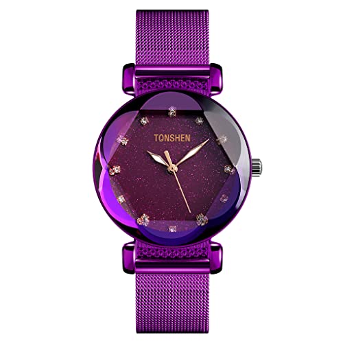 TONSHEN Fashion Luxus Damen Edelstahl Uhren Analog Quarz Elegant Sternenhimmel Kristall Armbanduhr (Violett) von TONSHEN