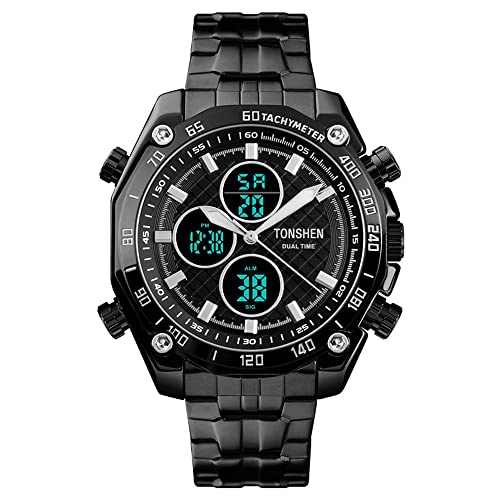 TONSHEN Fashion Luxus Herren Edelstahl Digital Uhren Outdoor Militär Sportuhr LED Elektronik Analog Quarz Double Zeit Alarm Datum Casual Sport Armbanduhr (Schwarz) von TONSHEN