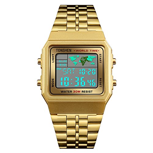 TONSHEN Fashion Luxus Unisex Digital Sport Uhren Herrenuhr Damenuhr Plastik Uhren und Edelstahl Band LED Elektronik Doppelte Zeit Alarm Armbanduhr (Gold) von TONSHEN