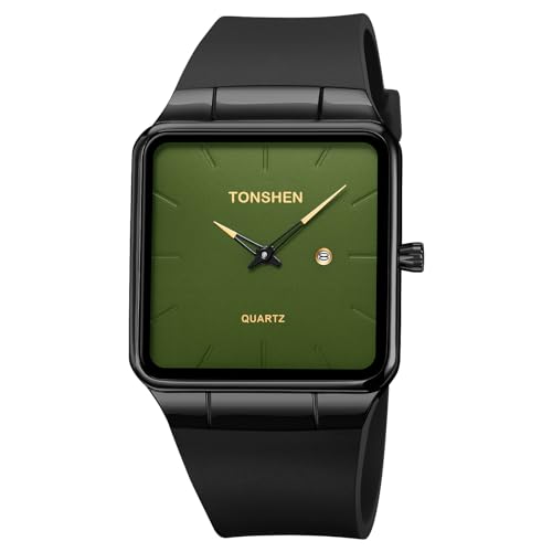 TONSHEN Herren/Damen Uhren Analog Quarz Quadrat Edelstahl Lünette und Kautschuk Band Einfach Kalender Armbanduhr (Grün) von TONSHEN