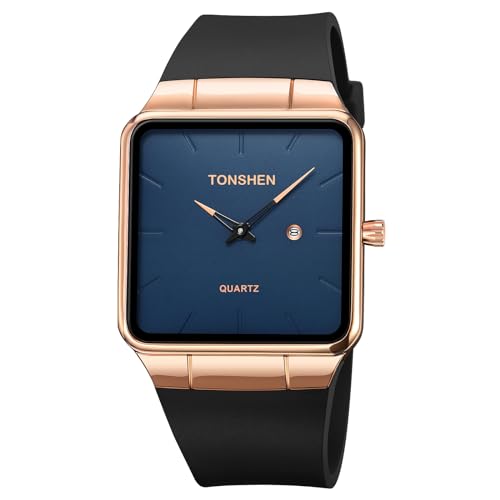 TONSHEN Herren/Damen Uhren Analog Quarz Quadrat Edelstahl Lünette und Kautschuk Band Einfach Kalender Armbanduhr (Rose Blau) von TONSHEN