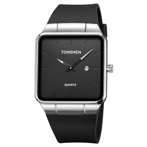 TONSHEN Herren/Damen Uhren Analog Quarz Quadrat Edelstahl Lünette und Kautschuk Band Einfach Kalender Armbanduhr (Silber) von TONSHEN