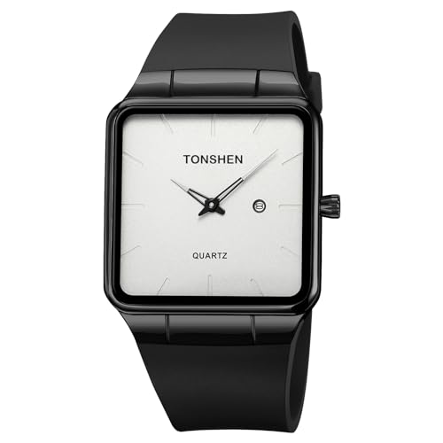 TONSHEN Herren/Damen Uhren Analog Quarz Quadrat Edelstahl Lünette und Kautschuk Band Einfach Kalender Armbanduhr (Weiß) von TONSHEN