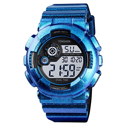 TONSHEN Herren 50M Wasserdicht Sport Uhren Digitaluhr LED Elektronik Doppelte Zeit Outdoor Plastik Armbanduhr und Kautschuk Band (Blau) von TONSHEN