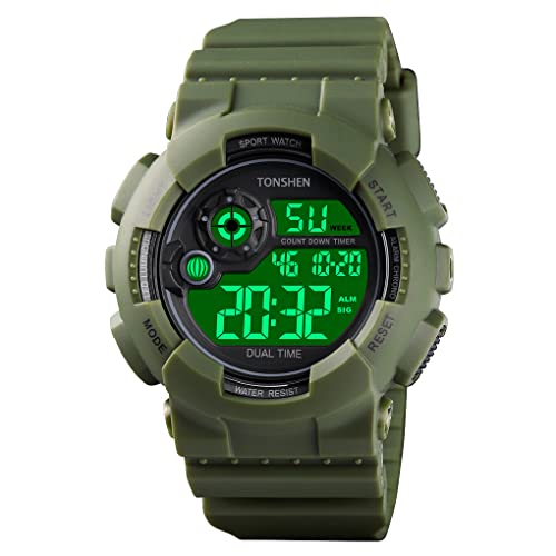 TONSHEN Herren 50M Wasserdicht Sport Uhren Digitaluhr LED Elektronik Doppelte Zeit Outdoor Plastik Armbanduhr und Kautschuk Band (Grün) von TONSHEN