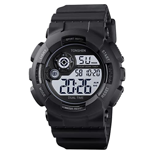 TONSHEN Herren 50M Wasserdicht Sport Uhren Digitaluhr LED Elektronik Doppelte Zeit Outdoor Plastik Armbanduhr und Kautschuk Band (Schwarz) von TONSHEN