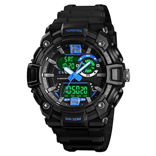 TONSHEN Herren 50M Wasserdicht Uhren Digitaluhr Sportuhr LED Analog Quarz DREI Zeit Outdoor Militär Armbanduhr Alarm Countdown (Blau) von TONSHEN