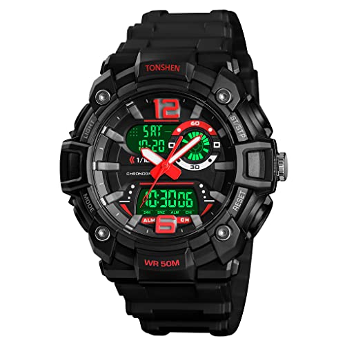 TONSHEN Herren 50M Wasserdicht Uhren Digitaluhr Sportuhr LED Analog Quarz DREI Zeit Outdoor Militär Armbanduhr Alarm Countdown (Rot) von TONSHEN
