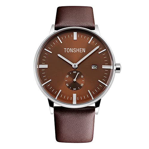 TONSHEN Herren Analog Quarzuhr Edelstahl Uhr Leder Band Uhren Kalender Datum Stoppuhr Herrenuhr für Männer (Broun) von TONSHEN