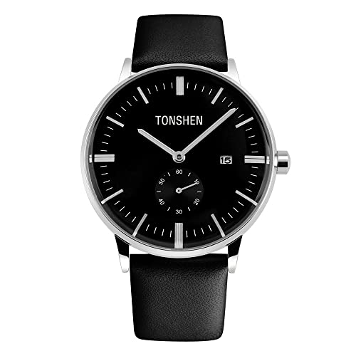 TONSHEN Herren Analog Quarzuhr Edelstahl Uhr Leder Band Uhren Kalender Datum Stoppuhr Herrenuhr für Männer (Schwarz) von TONSHEN