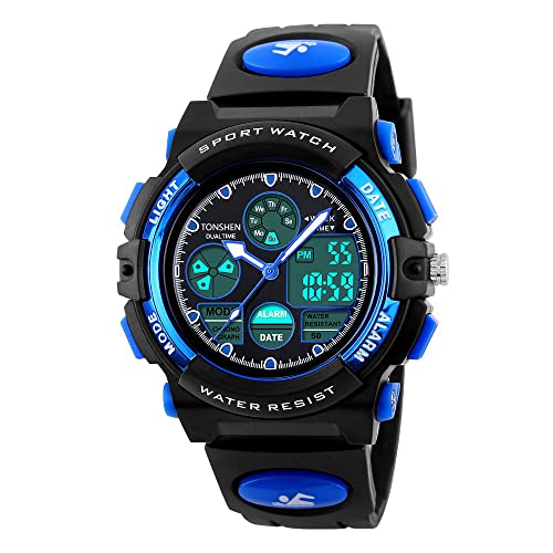 TONSHEN Herren Damen Kinder Uhr 50M Wasserdicht LED Digitaluhr Outdoor Militär Sport Uhren Analog Quarzuhr Blau Plastik mit Silikon Band Armbanduhr von TONSHEN