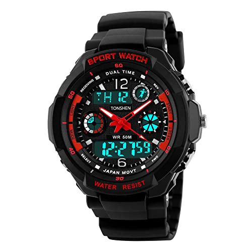 TONSHEN Herren Damen Sportuhr Multifunktional 50M Wasserdicht Outdoor Militär Taktik Digital Uhren Plastik Lünetten und Kautschuk Band Analo Quarz LED Doppelte Zeit Armbanduhr (Hreen) von TONSHEN