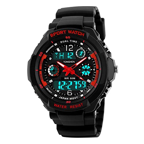 TONSHEN Herren Damen Sportuhr Multifunktional 50M Wasserdicht Outdoor Militär Taktik Digital Uhren Plastik Lünetten und Kautschuk Band Analo Quarz LED Doppelte Zeit Armbanduhr (Herren) von TONSHEN