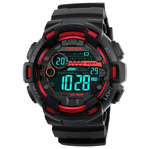 TONSHEN Herren Digital Armbanduhr Wasserdicht Militär Sportuhr Alarm Datum Kalender Uhr für Männer Plastik mit Kautschuk Band Outdoor Uhren (Rot) von TONSHEN