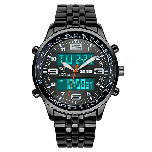 TONSHEN Herren Digital Edelstahl Uhren LED Sportuhr Multifunktionale Analog Quarzuhr Militär Doppel Zeitzone Armbanduhr Datum Stoppuhr EL Licht Schwarz von TONSHEN