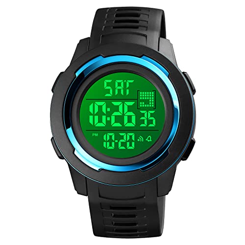 TONSHEN Herren Digital Sport Uhr 50M Wasserdicht LED Elektronik Outdoor Doppelte Zeit Alarm Stoppuhr Plastik Lünette mit Kautschuk Band Uhren Countdown Armbanduhr (Blau) von TONSHEN