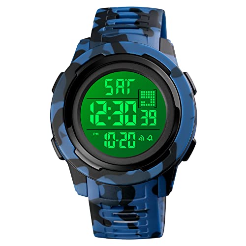 TONSHEN Herren Digital Sport Uhr 50M Wasserdicht LED Elektronik Outdoor Doppelte Zeit Alarm Stoppuhr Plastik Lünette mit Kautschuk Band Uhren Countdown Armbanduhr (Blau Camo) von TONSHEN